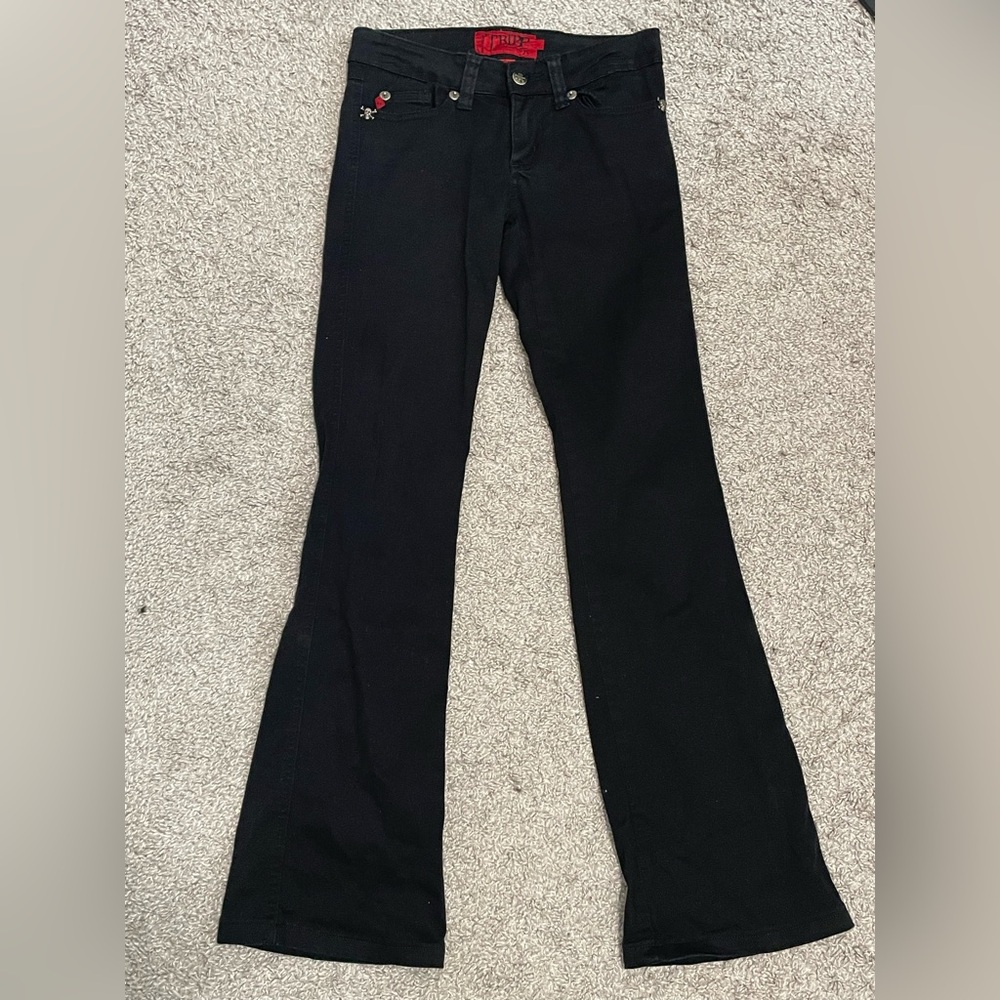 Vintage Tripp NYC black skull low rise flare jeans women’s size 0